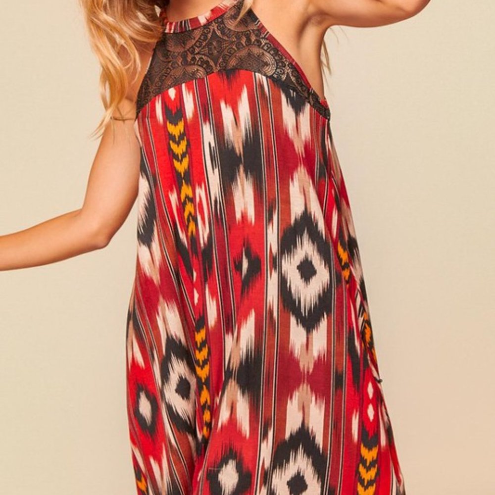 Red and Black Boho Print Midi Dress - Picture 2 of 4
